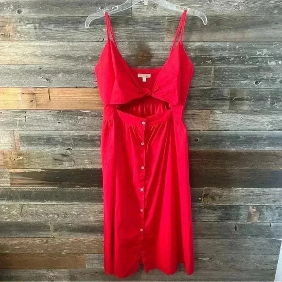 GB Cotton Stretch Red Spaghetti Strap Peep Stomach Button Down Tank Sun Dress M - Picture 2 of 8